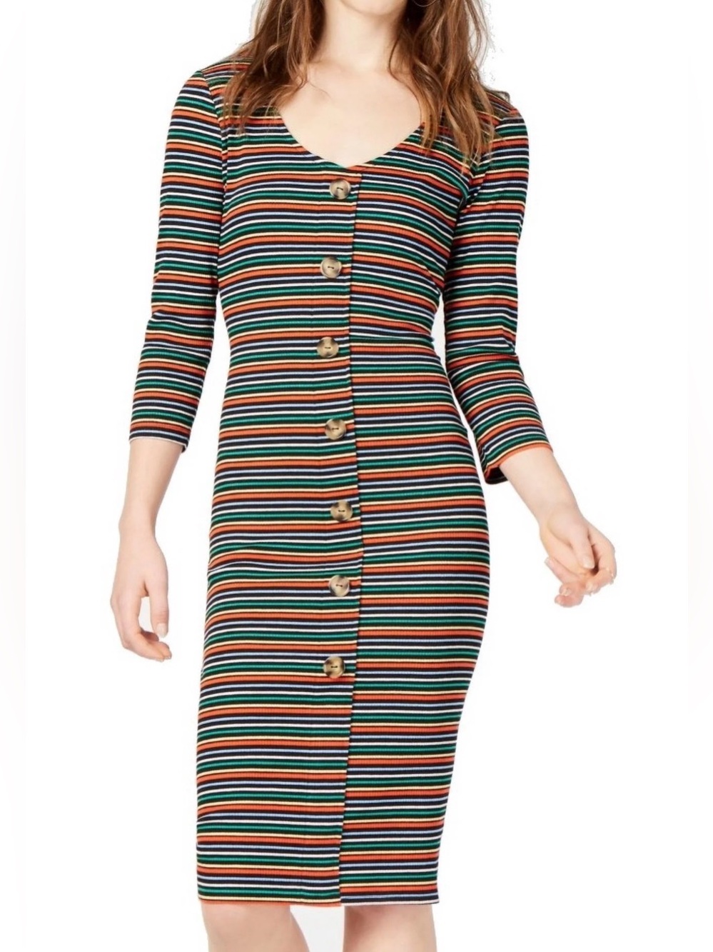 Ultra Flirt Multi-Stripe Ribbed Knit Button-Front Midi Dress -Small